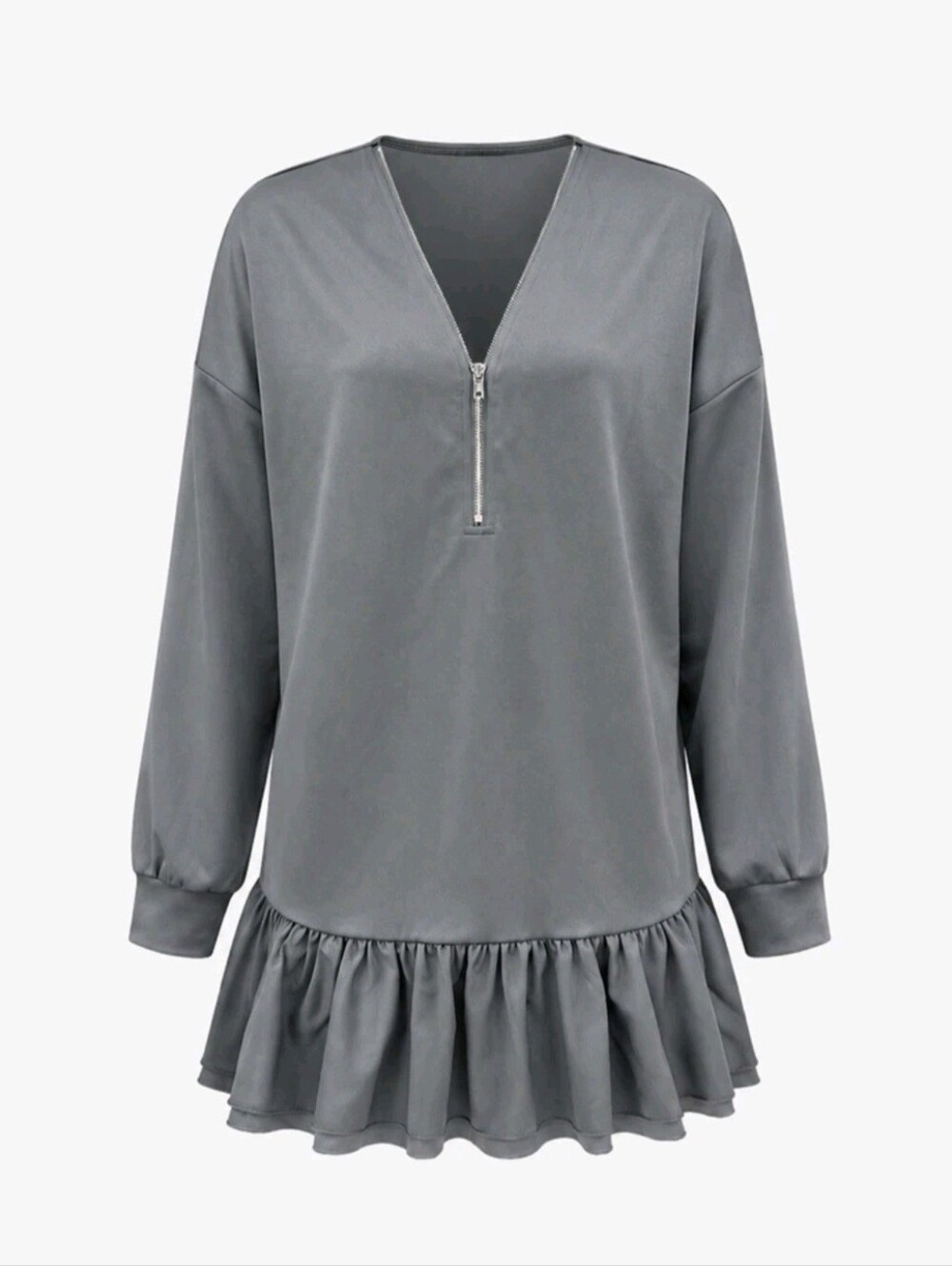 Women's Long Sleeve Zip-Up Deep V-Neck Sweatshirt, Loose Casual With Ruffle Hem - Picture 6 of 6